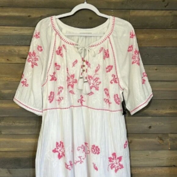 New John Mark Embroidered Boho Dress Size L White with Pink Embroidery - Picture 2 of 8